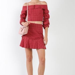 Raspberry Plaid Off-The Shoulder Retro Chic Crop Top & Mini Ruffle Skirt Set